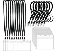 Lot de 100 porte-badges horizontaux en plastique transparent et 100 cordons noirs avec clip pour badges d'identité (noir)