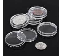 Lot de 100 porte-pièces ronds de 25 mm dans une boîte argentée en polypropylène transparent - Capsule ultra épaisse à ouverture facile - Rangement de protection doré haute transparence - Lot de 100