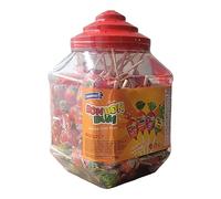 Lot de 100 pots Colombina Bon Bon Bum avec centre en caoutchouc assorti, palettes de 4 saveurs Lulo, fraise, fraise rouge et mandarine, pot de 1 700 g