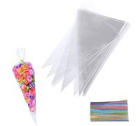 Lot de 100 Sachet Bonbon Cône Transparent 25 x 13 cm Sacs Cellophane Plastique avec Ruban pour Bonbons Cadeau De Fête De Mariage Anniversaire Festivals pour Emballage cadeau de fête