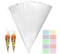Lot de 100 sachets à bonbons transparents - 13 x 25 cm - Avec rubans à nouer - En cellophane transparent - Pour chocolat, bonbons, biscuits, mariage, Halloween, Noël