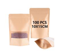 Lot De 100 Sachets En Papier Kraft Avec Fenêtre (10 X 15 X 3 Cm), Refermables Et Résistants À L'humidité, Réutilisables, Parfaits Pour Les Fruits Secs, Le Café Et Le Thé.