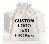 Lot de 100 sachets personnalisés en satin de soie avec cordon de serrage avec logo - Pochettes personnalisées en vrac pour bijoux, dragées de mariage et Noël, beige