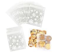 Lot de 100 sacs à biscuits autocollants en cellophane avec flocons de neige pour bonbons, desserts, boulangerie, Noël, Halloween, cadeaux de fête (14 x 14 cm)