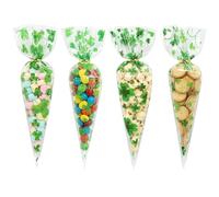 Lot de 100 sacs à bonbons Happy St Patrick, 4 sacs coniques assortis en forme de trèfle 13 x 25 cm pour fêtes scolaires, défilés, cadeaux