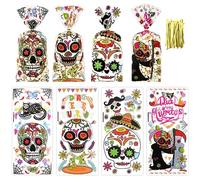 Lot de 100 sacs à friandises en cellophane avec motif tête de mort en forme de tête de mort en sucre Dia DE Los Muertos - Sacs à friandises d'Halloween en plastique transparent pour le jour des morts