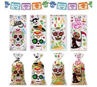 Lot de 100 sacs à friandises en cellophane « Day of the Dead » - Motif tête de mort et fleurs - Transparents - Pour biscuits et bonbons - Pour Halloween, fête