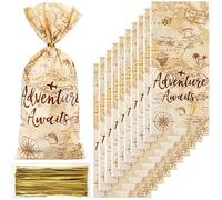 Lot de 100 sacs à friandises en cellophane pour décoration de fête d'aventure sur le thème des voyages - Carte du monde - Sac en plastique pour voyage, retraite, fête de mariage