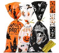 Lot de 100 sacs à friandises en cellophane pour Halloween - Sacs à bonbons en cellophane avec attaches torsadées, motifs effrayants pour tours ou friandises, cadeaux de fête et cadeaux