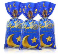 Lot de 100 Sacs à Friandises en Cellophane pour l'Aïd Mubarak avec Attaches Torsadées, Ramadan Mubarak Sacs Cadeaux pour Fête sur le thème de Islam Musulman du Ramadan
