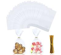 Lot de 100 sacs à friandises plats en cellophane transparent refermables avec 100 attaches torsadées pour boulangerie, bonbons, biscuits, fruits, noix, chocolats, pop-corn, collations, savon