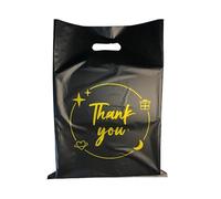 Lot de 100 sacs cadeaux de remerciement noirs réutilisables en plastique adaptés pour les boutiques, le magasinage, les mariages, les anniversaires, Thanksgiving, Noël, les cadeaux d'affaires, les