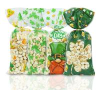Lot de 100 sacs cadeaux en plastique pour la Saint-Patrick en forme de trèfle à quatre feuilles avec attaches dorées pour la Saint-Patrick