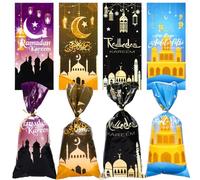 Lot de 100 sacs cadeaux pour l'Aïd Mubarak - 4 styles - Sacs cadeaux pour l'Aïd Mubarak, château musulman, lune, étoiles, bonbons, biscuits, friandises, décorations de fête, cadeaux