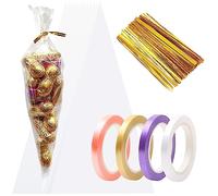 Lot de 100 sacs coniques en plastique avec attache, petits sacs coniques en plastique avec rubans à friser pour bonbons, biscuits, cônes en cellophane 13 x 25 cm