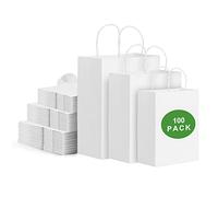 Lot de 100 sacs en papier kraft blanc avec poignées - Sacs cadeaux de tailles mixtes pour les travaux manuels, courses, fêtes, anniversaires, mariages, restaurants