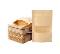 Lot de 100 sacs en papier kraft marron avec fenêtre - Sacs hermétiques à fermeture éclair pour ranger noix, haricots, feuilles de thé, café, bonbons, collations (12 x 20 x 4 cm)