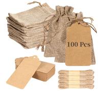 Lot de 100 sacs en toile de jute avec étiquettes cadeaux et ficelle, sacs en lin avec cordon de serrage pour bijoux, petites pochettes à dragées pour mariages et fêtes