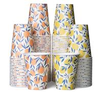 Lot de 100 tasses à café jetables en carton pour boissons chaudes ou froides, motif floral, fleur d'oranger et citron jaune, 355 ml