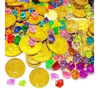 Lot de 100 trésors de pirate avec 50 pièces d'or et 50 pierres précieuses, pour décoration de pirate, fête d'anniversaire d'enfant, chasse au trésor, anniversaire d'enfant, thème d'aventure