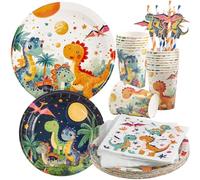 Lot de 100 vaisselle de fête dinosaure pour 20 invités - Décoration d'anniversaire d'enfant - Avec assiettes en carton, gobelets, serviettes et pailles - Kit complet pour fête dinosaure pour garçons