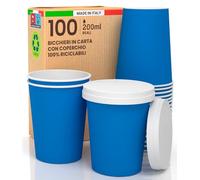 Lot de 100 Verres à Café à Emporter en Papier Bleu 200 ml - Couvercles Inclus - Boissons Chaudes et Froides - Écologiques Biodégradables - Tasses Jetables Colorées
