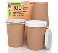Lot de 100 verres à café à emporter en papier Havane 240 ml avec 100 couvercles en papier avec bec de boissons froides et chaudes, thé infusés d'eau Cappuccino écologiques biodégradables tasses