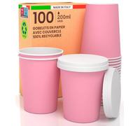 Lot de 100 verres à café à emporter en papier rose 200 ml avec couvercle en papier boissons chaudes et froides, thé infusés d'eau Cappuccino écologiques biodégradables tasses jetables colorées + 100