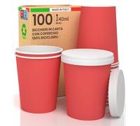 Lot de 100 verres à café à emporter en papier rouge 240 ml avec 100 couvercles en papier avec bec verseur de boissons froides et chaudes, thé infusés d'eau Cappuccino écologiques biodégradables tasses