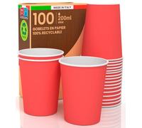 Lot de 100 verres en papier 200 ml écologiques, biodégradables et jetables fabriqués en Italie pour emporter des boissons chaudes et de l'eau colorées (rouges)