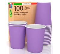 Lot de 100 verres en papier, 200 ml, écologiques, biodégradables, jetables fabriqués en Italie, emportent des boissons chaudes et de l'eau colorées, lilas, fabriqués et emballés en Italie