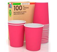 Lot de 100 verres en papier 200 ml écologiques biodégradables jetables fabriqués en Italie pour emporter des boissons chaudes et de l'eau colorées fuchsia. Fabriqué et emballé en Italie