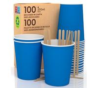 Lot de 100 verres en papier bleu 200 ml en papier avec palette jetable boissons chaudes et froides, thé infusés d'eau écologiques, biodégradables tasses jetables colorées + 100 palettes de 11 cm en