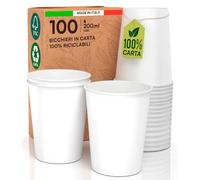 Lot de 100 verres en papier jetables pour eau café, boissons froides et chaudes de 200 ml, fabriqués en Italie, de couleur blanche, biodégradables compostables écologiques