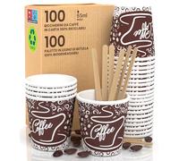 Lot de 100 verres en papier pour café 65 ml BrownCUP verres écologiques biodégradables et jetables petits emporte-pièces chaudes + 100 palettes en bois de bouleau
