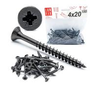 Lot de 100 vis à bois à tête fraisée PZ2 Ø 4,0 x 20 mm en acier galvanisé trempé noir filetage complet autotaraudeuses pour bois, panneaux de particules, placoplâtre, cloison sèche