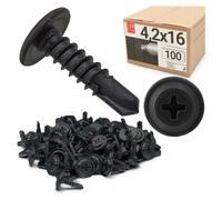 Lot de 100 vis autoforeuses noires 4,2 x 16 mm, en acier fosfaté, avec rondelle PH cruciforme, pour cloison sèche, profilé métallique, placoplâtre, bois
