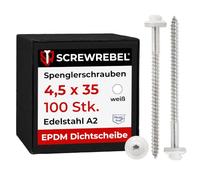 Lot de 100 vis étanches en acier inoxydable A2 avec rondelle d'étanchéité EPDM 15 mm - 4,5 x 35 mm - Blanc RAL 9010 TX20
