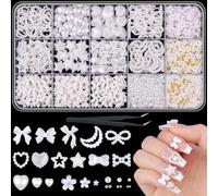 Lot de 1000 breloques 3D pour ongles, avec variété de perles, cœur, étoile, fleurs et perles d'ongles, breloques pour nail art, parfaites pour le nail art élégant, féminin et tendance