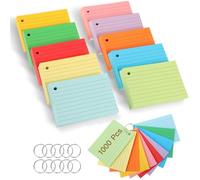 Lot de 1000 feuilles au format A7, cartes de vocabulaire, multicolores, 150 g/m², en papier ligné, avec 10 anneaux de reliure, pour l'école, le bureau, le souvenir, la présentation (10 couleurs)