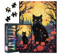Lot de 1000 puzzles d'animaux pour adultes, chat noir et fleurs rouges dans la nuit City Jigsaw Puzzles, Paysage imaginaire, puzzle impossible, 50 x 70 cm