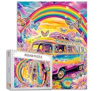 Lot de 1000 puzzles de bus graffitis pour adultes, familles (voiture, arc-en-ciel, papillon, fleur) pièces s'emboîtent parfaitement ensemble 19,7 x 27,6 pouces paysage magique frameable art (rouge)
