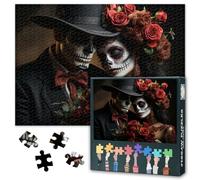 Lot de 1000 puzzles de crâne Jigsaw pour adultes - Puzzle de couple de squelette et de roses - 1000 pièces - Défis impossibles difficiles - 50 x 70 cm