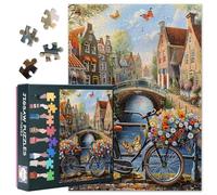 Lot de 1000 puzzles de vélo avec fleurs - Pour adultes - Décoration de la maison - Aquarelle de la chaîne d'Amsterdam - Puzzles pour adultes - Jeux de décompression - Cadeaux 50 cm x 70 cm