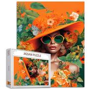 Lot de 1000 puzzles orange pour filles et familles adultes (Bright Woman Flower Yellow Hat Sunglasses Green Leaves) Pieces Fit Together Perfect 19,7 x 27,6 pouces Framable Magic Puzzle Art Gift
