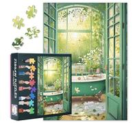 Lot de 1000 puzzles pour adultes vert salle de bain - Puzzle 1000 pièces de baignoire, puzzle difficile à fleurs botaniques (70 x 50 cm), soirée de jeu en famille et décoration d'intérieur