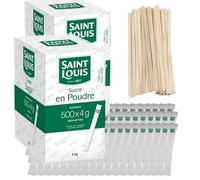 Lot de 1000 sachets SAINT LOUIS bûchettes de sucre cristallisé individuels de 4g (2kg X 2) avec agitateurs en bois - Idéal pour les boissons chaudes, cafés et thés - 2 boîtes de 500 sachets