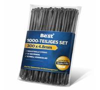 Lot de 1000 serre-câbles noirs - 4,8 x 300 mm - Résistants à la déchirure, robustes et robustes - En plastique résistant aux UV - Attache-câbles