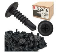 Lot de 1000 vis autotaraudeuses noires 4,2 x 16 mm en acier phosphaté avec rondelle PH en croix pour plaques de plâtre, profil métallique, Rigips, bois