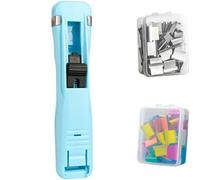 Lot de 101 pièces, agrafeuse à clips portable, outil de bureau 11,4 x 2,3 x 1,5 cm, avec 100 clips métalliques de rechange, fixateur de feuilles antidérapant pour documents, bureau, maison, bleu clair